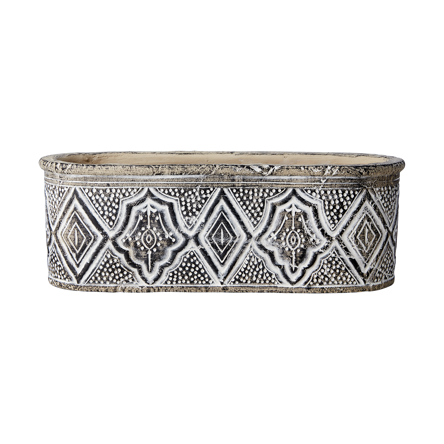 CAMILLE brun avlång kruka i terrakotta med ornamenterat mönster sedd framifrån