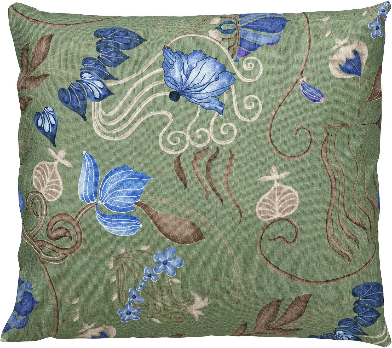 Grönt José kuddfodral med blått och brunt blommönster i storlek 45x45 cm