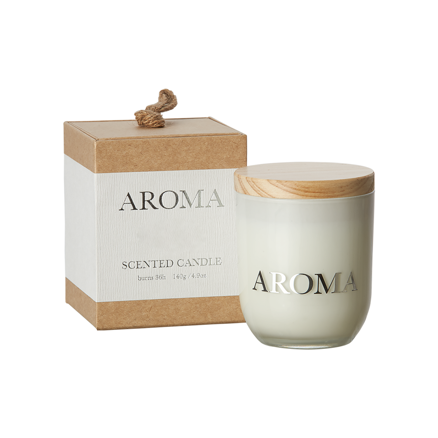 AROMA doftljus Coconut & Lime i glasbehållare bredvid tillhörande förpackning