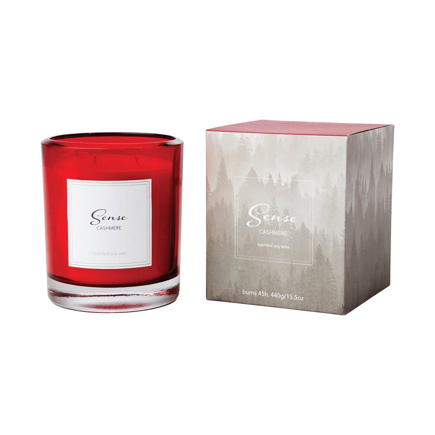 SENSE Doftljus Cashmere i röd glasbehållare bredvid dekorativ originalförpackning