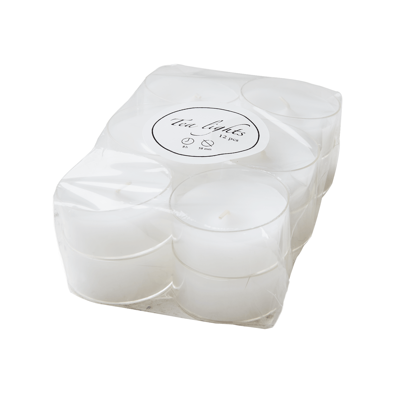 Förpackning med 12 stycken vita Tea Lights värmeljus i plastbehållare