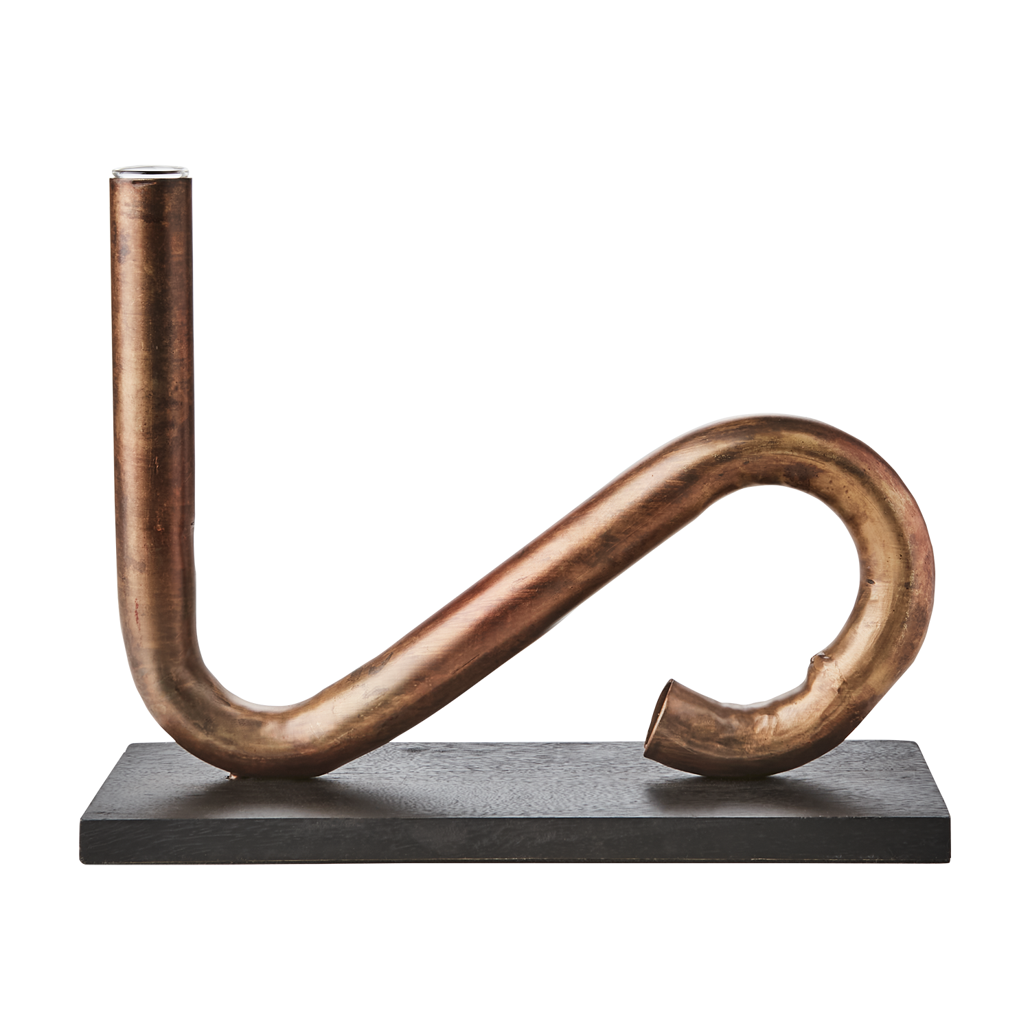 PIPER ljusstake och vas i böjd koppar på svart träbas