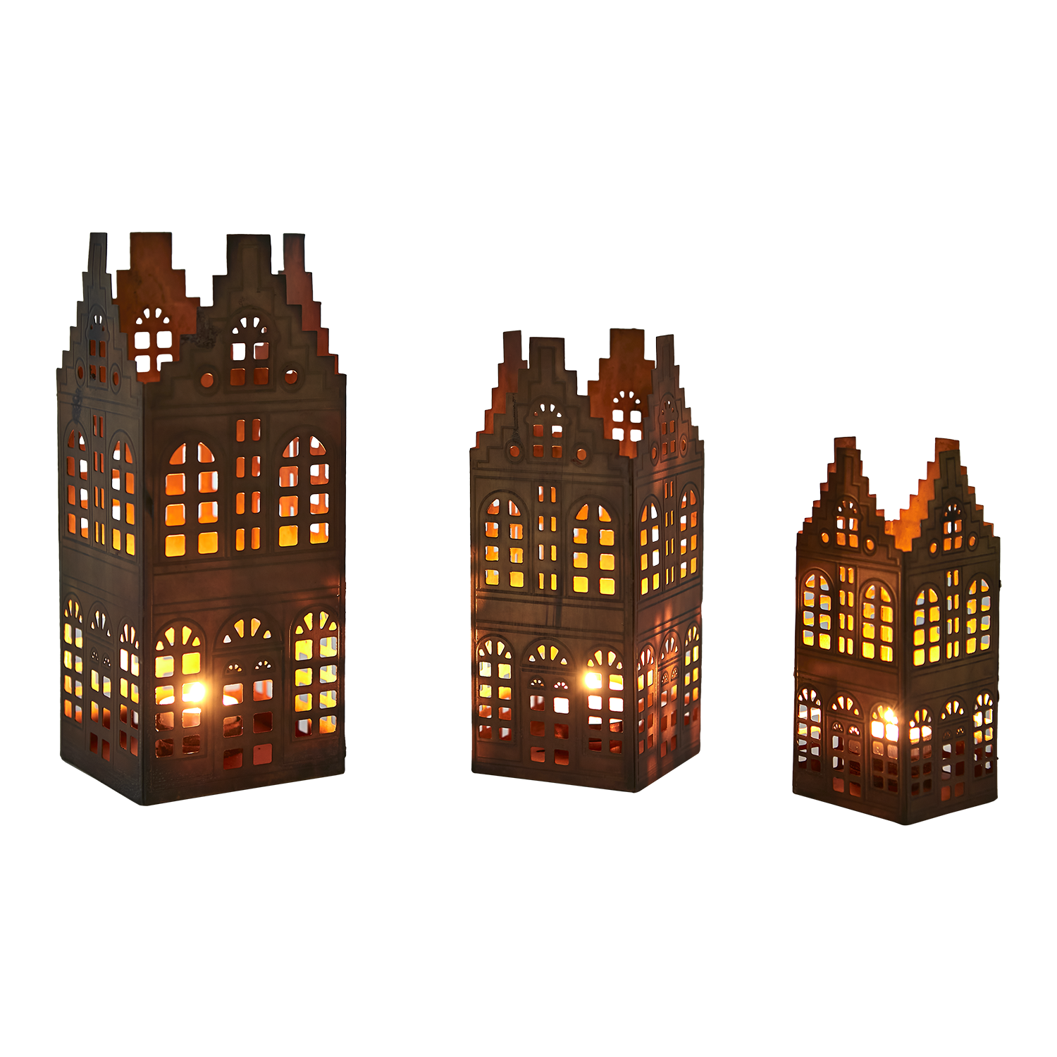 VILLAGE Ljuslykta hus, set om 3, Mässingsfärgad Affari of Sweden