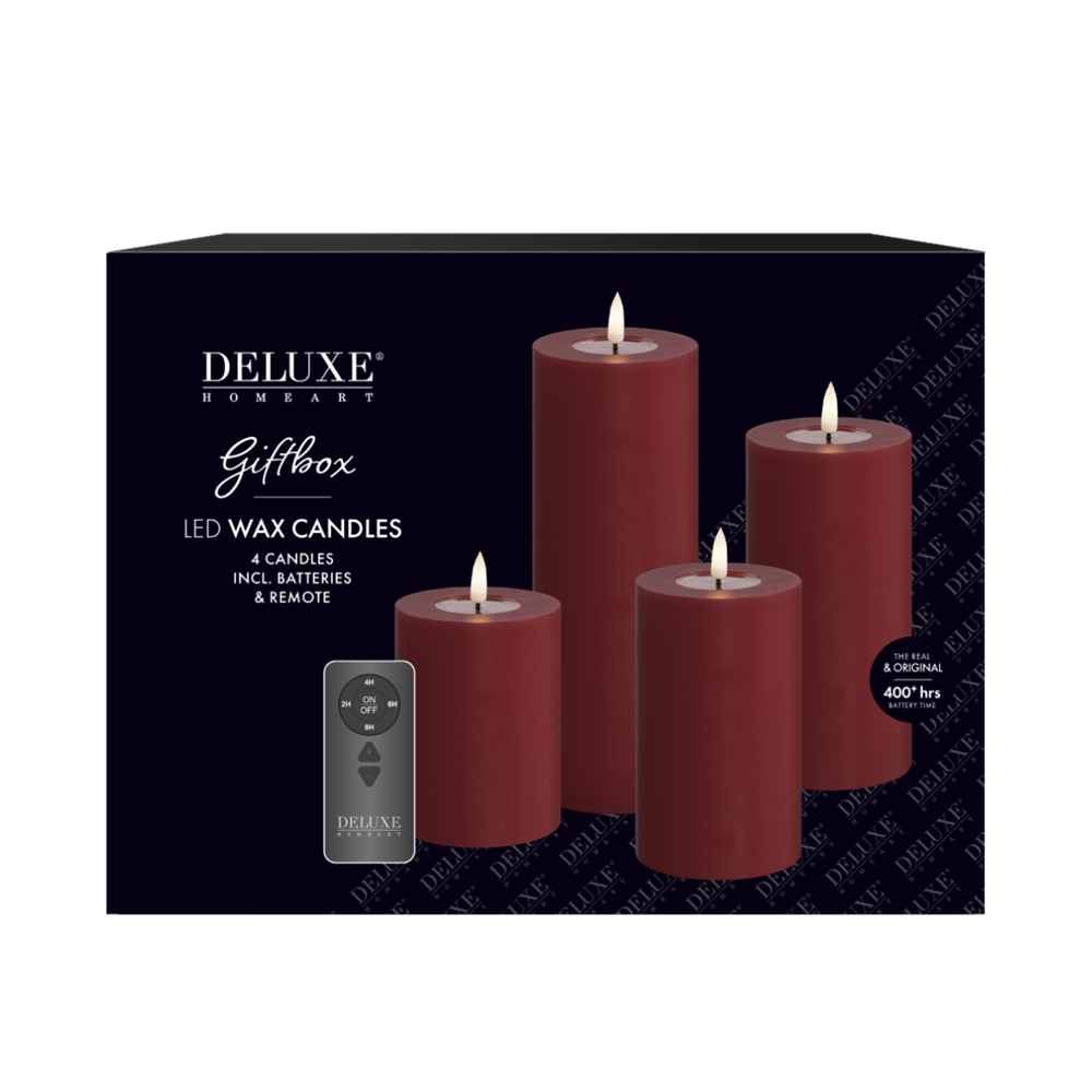 Ljuspaket LED Blockljus 4-pack + Fjärrkontroll Bordeaux DeluxeHomeart