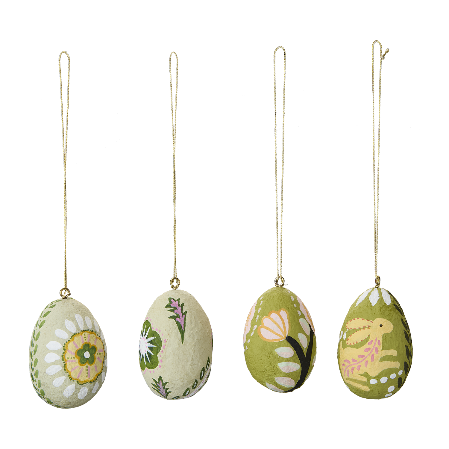 Handmålade BUNNY hängdekorationer i grönt och gult, set om 4