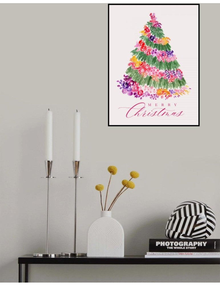 Affisch - Floral Christmas Tree In Pink Pelcasa