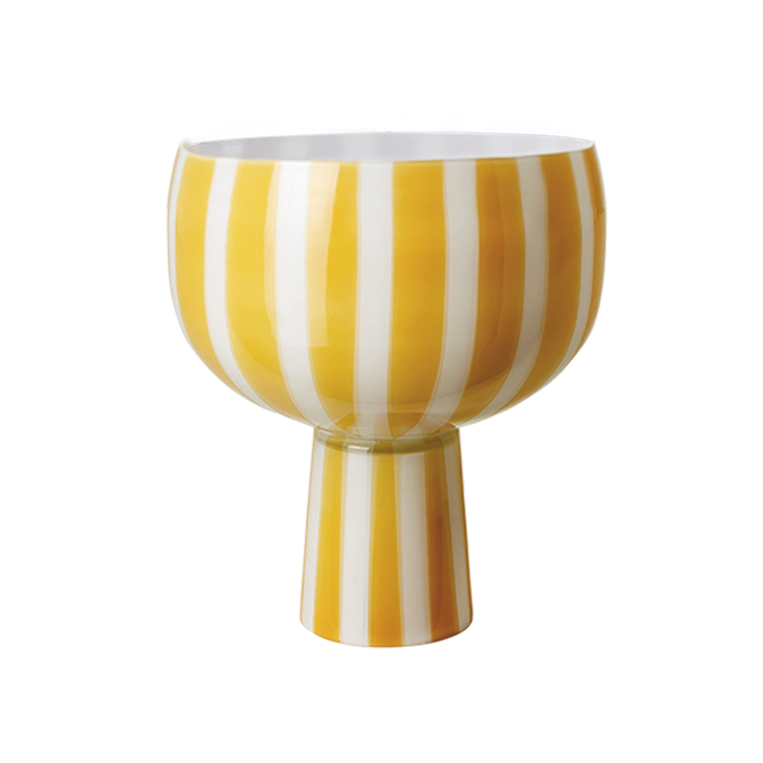 Randig skål på fot i glas, gul och vit, från kollektionen Circus av Affari of Sweden