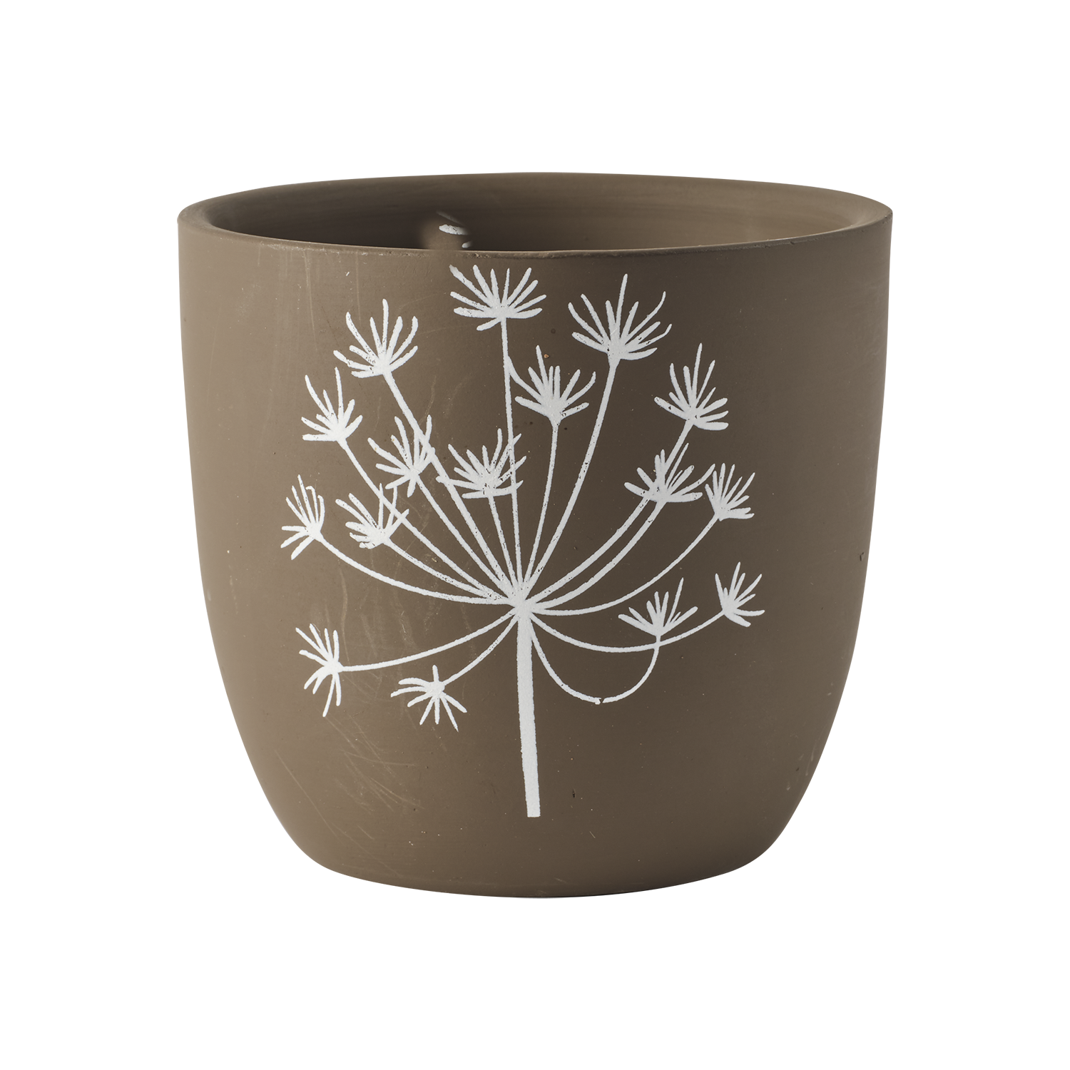 Dekorativ kruka i brun och vit terracotta med växtmotiv