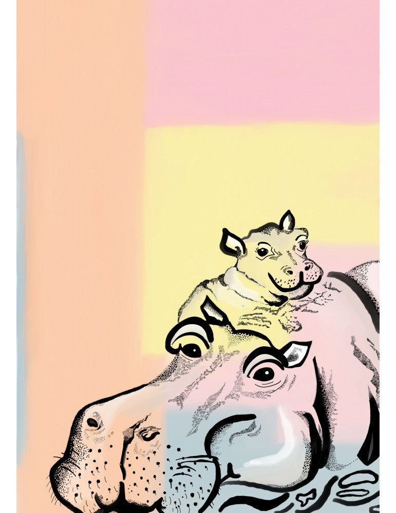 Affisch - Mama Hippo And Baby Pelcasa 21x30
