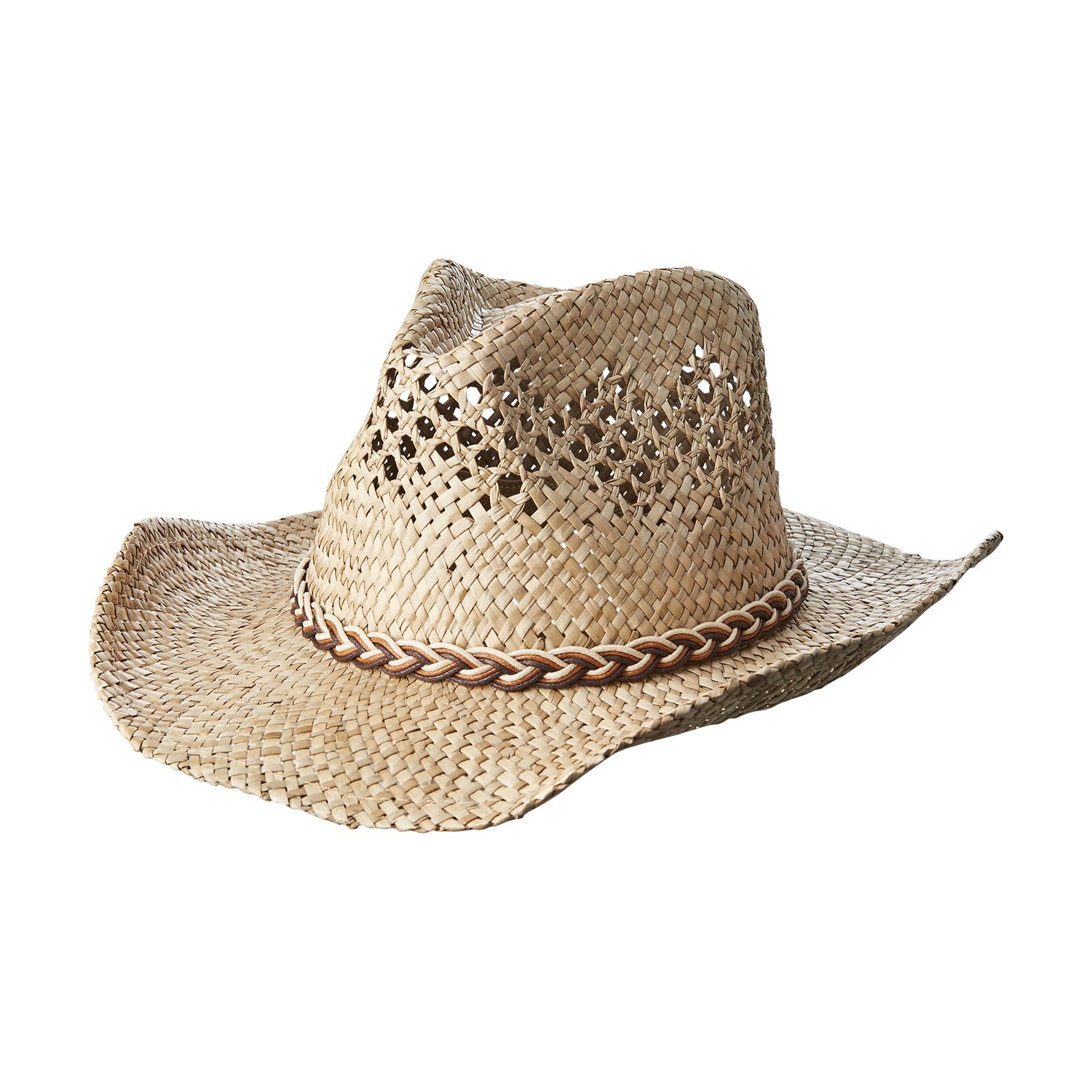 Stråhatt i naturfärg med flätat band och hålmönster, tillverkad av sjögräs