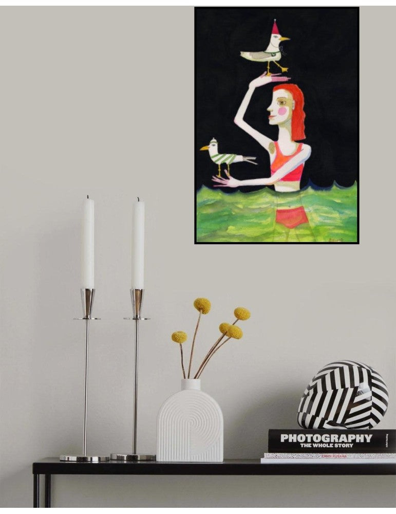 Affisch - Swimming Lady With Birds Pelcasa