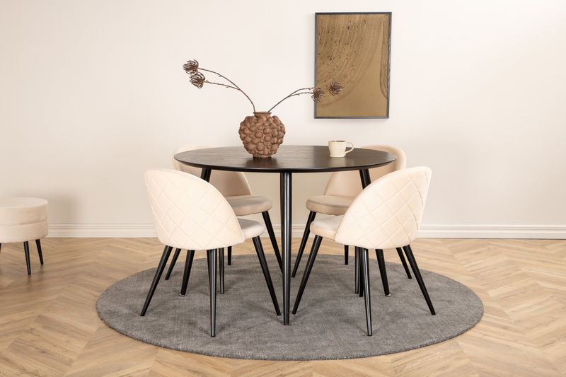 Dipp Matbord - 115cm - Svart faner / Helsvarta ben + Velvet Stitches Stol - Svart / Beige sammet Matbord Venture Home