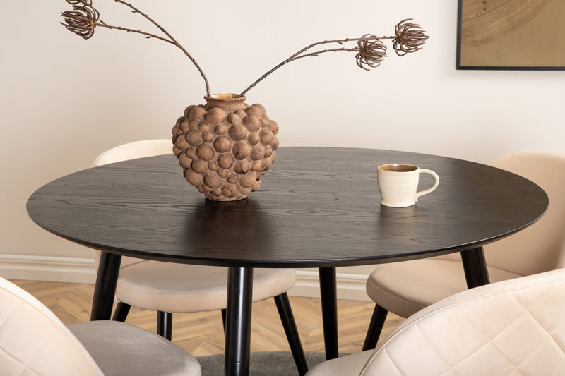 Dipp Matbord - 115cm - Svart faner / Helsvarta ben + Velvet Stitches Stol - Svart / Beige sammet Matbord Venture Home