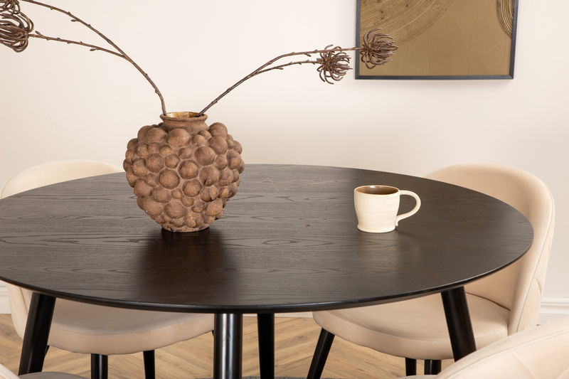 Dipp Matbord - 115cm - Svart faner / Helsvarta ben + Velvet Stitches Stol - Svart / Beige sammet Matbord Venture Home
