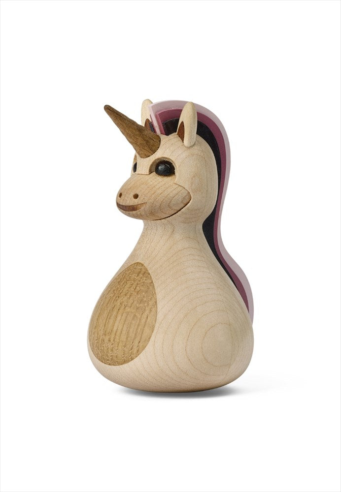 Svarvad enhörning i lönn och ek med rosa man – Sparkle trädekoration