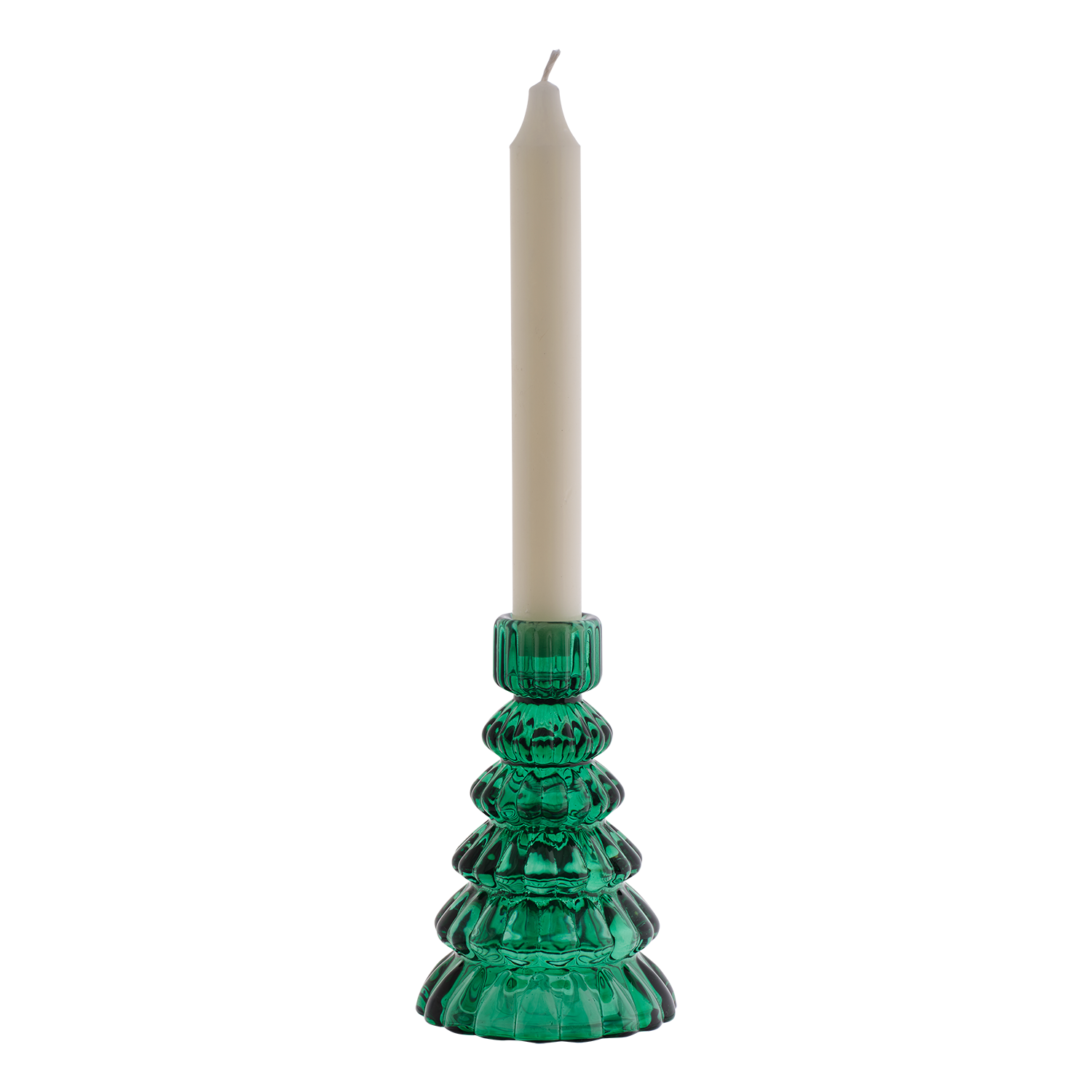 Grön Daisy ljusstake i glas med dekorativ julgransform, 13 cm hög och anpassad för kronljus.