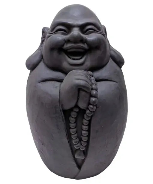 Glada Buddha 46 cm - Mörkgrå staty för trädgård med karaktär