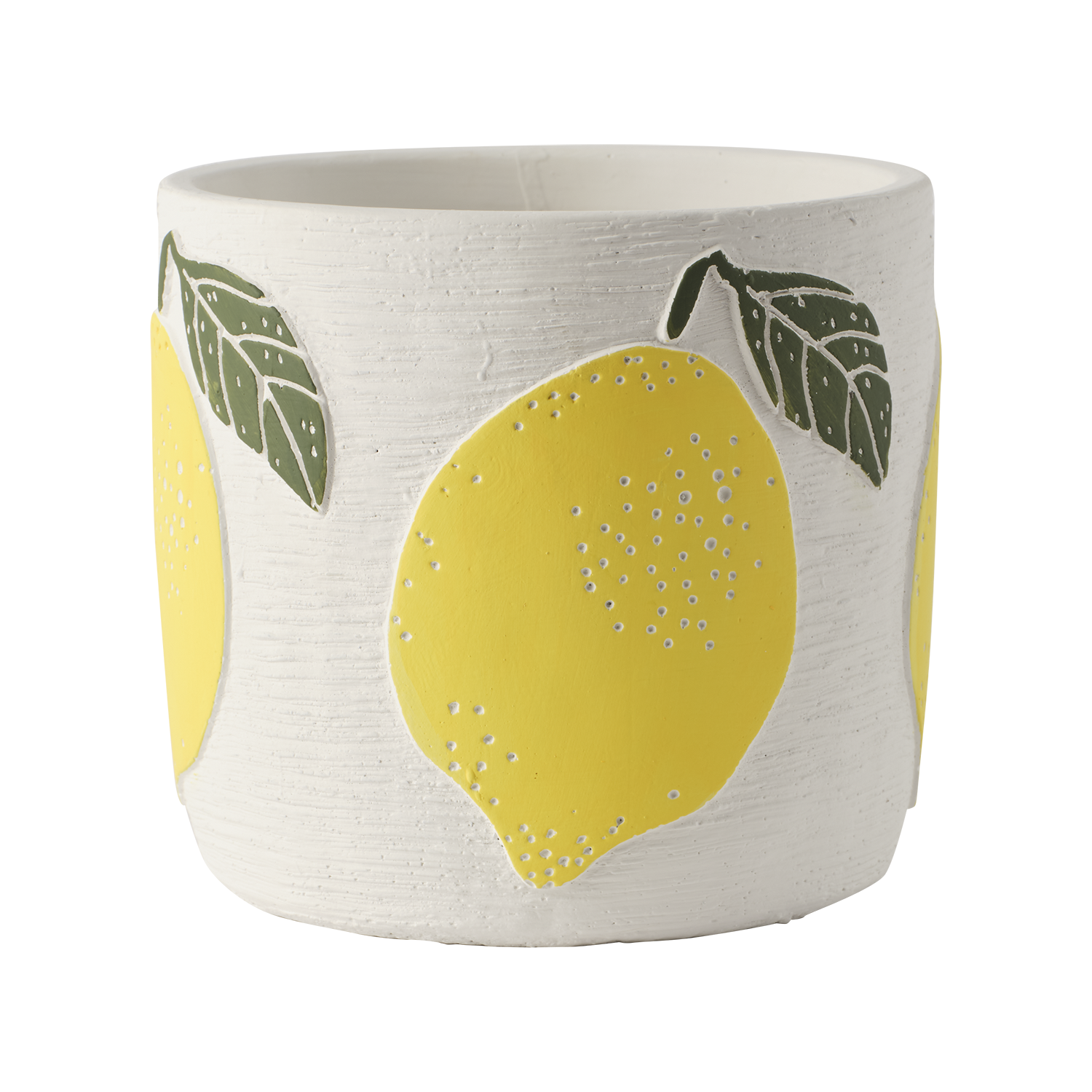 Gul och vit kruka i cement med dekorativt citronmotiv