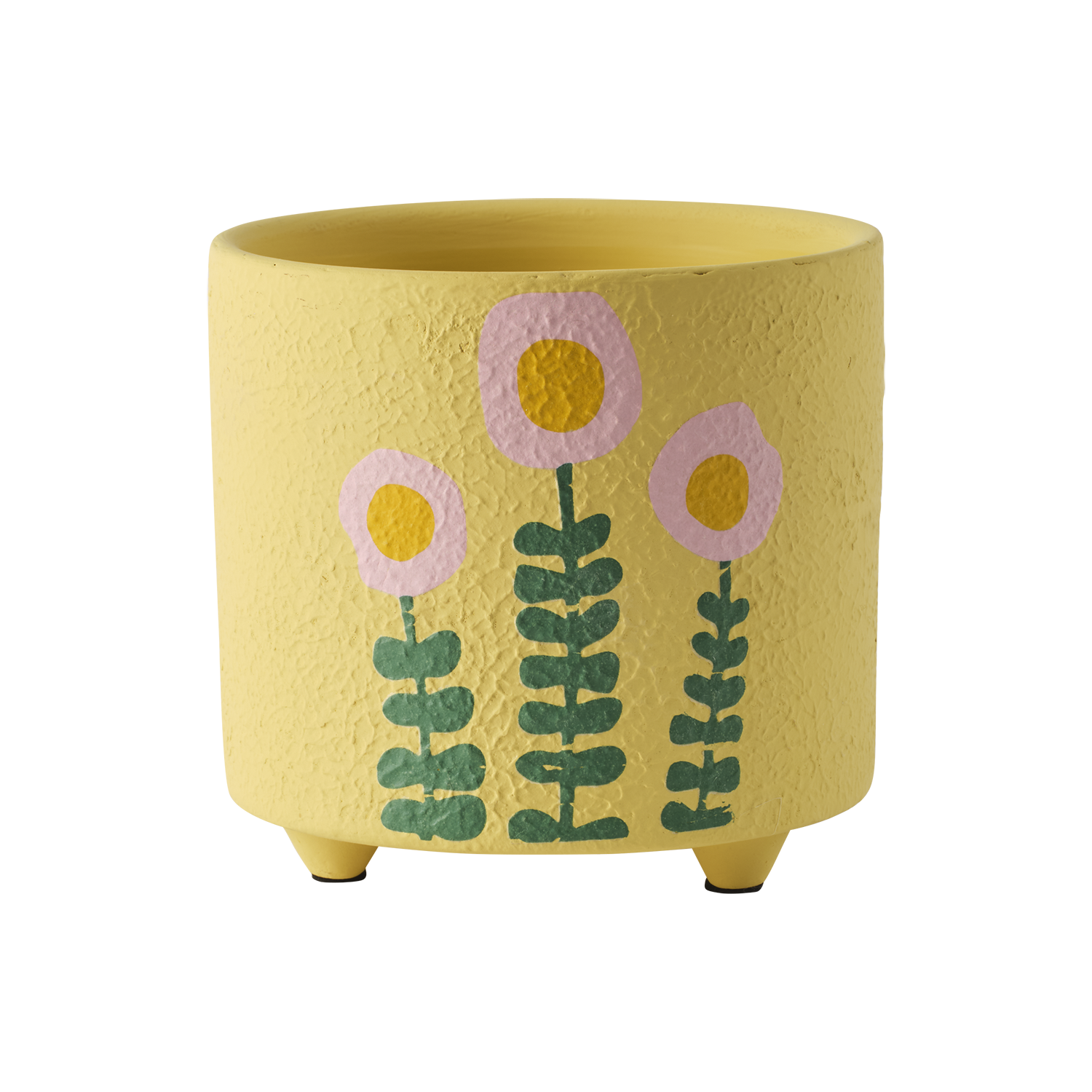 Flerfärgad kruka i terracotta med gul botten och handmålade blommor