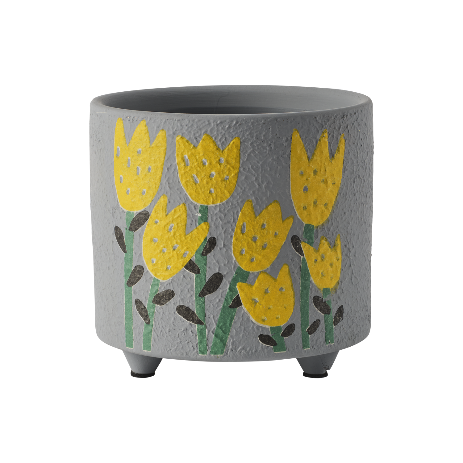 Flerfärgad kruka i terracotta med handmålade gula tulpaner