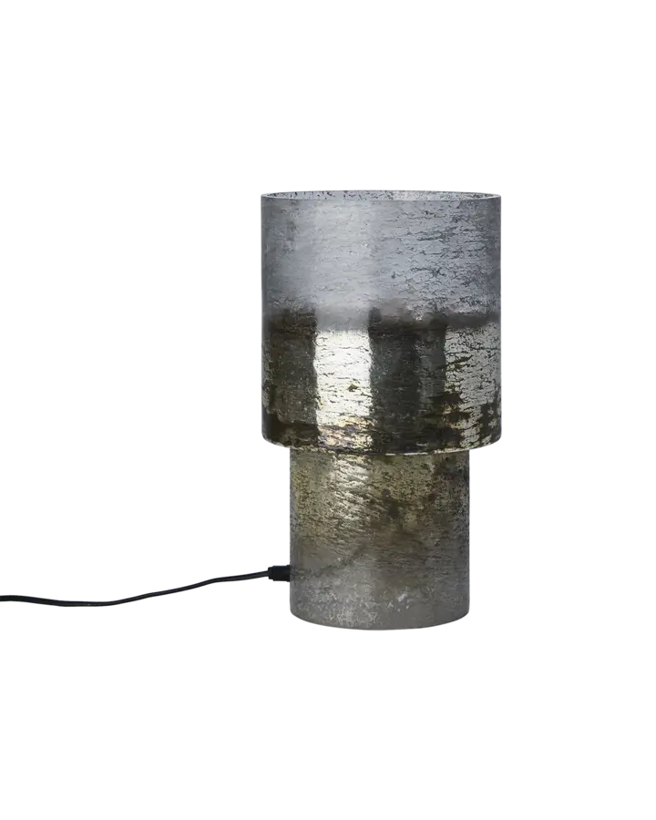 Eldor bordslampa i silverfärgat glas med metallisk finish, höjd 35 cm, textilsladd 2,2 m och E14-sockel.