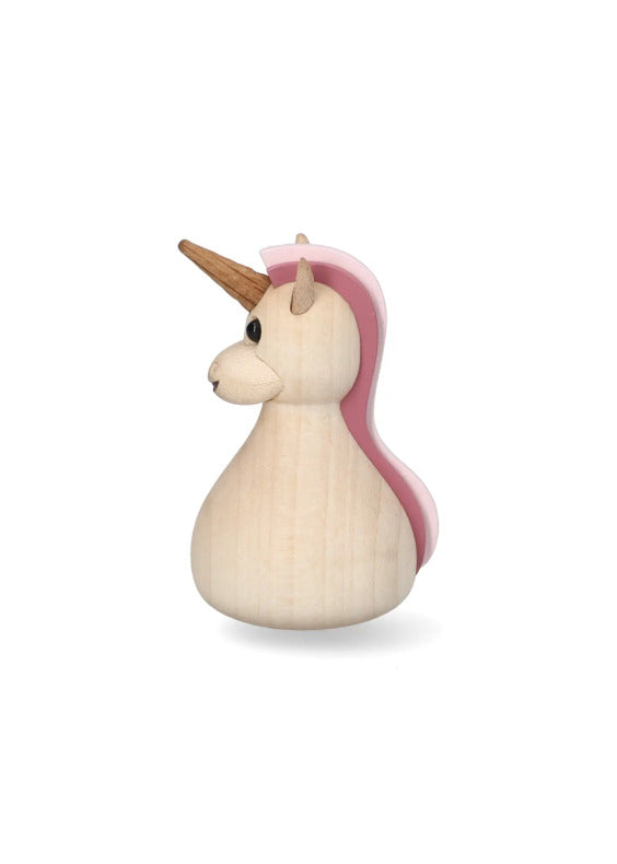 Träfigur enhörning i profil med rosa man och horn i mörk mahogny