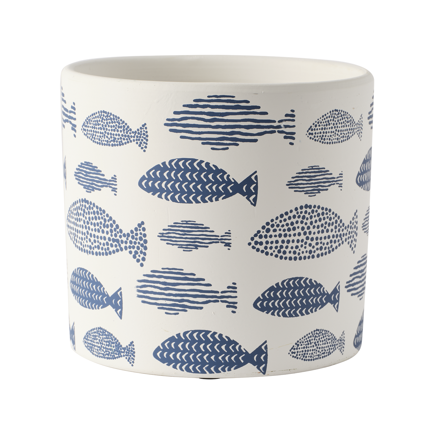 Två dekorativa krukor i blått och elfenben med fiskmönster