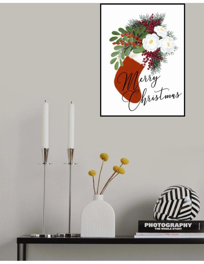 Affisch - Floral Stocking Merry Christmas In White