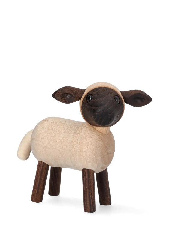 Handgjort trälamm i ljus lönn och mörk termoask för lantlig inredning