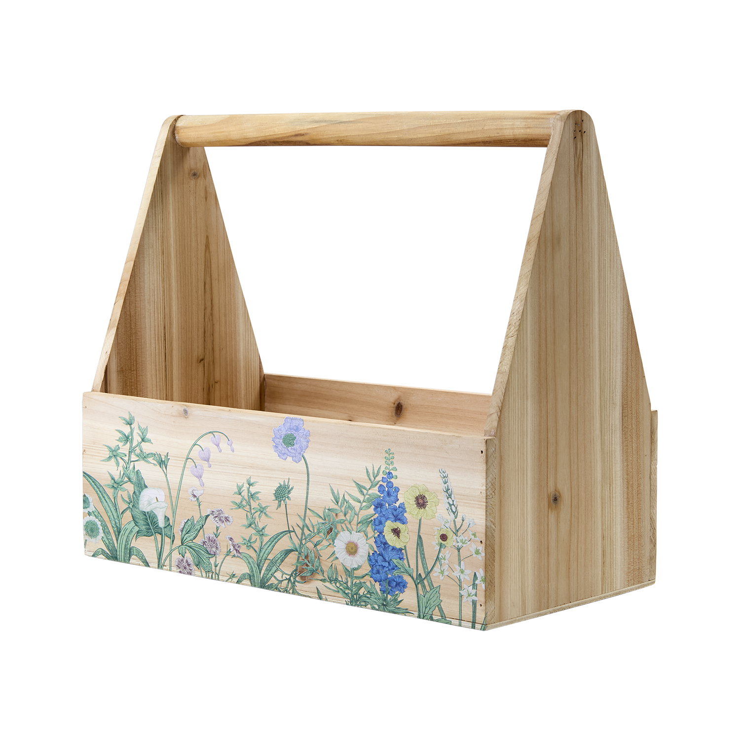 Lantlig trälåda med handtag i naturfärgat trä med blommönster – dekorativ förvaring för vår och sommarstuga