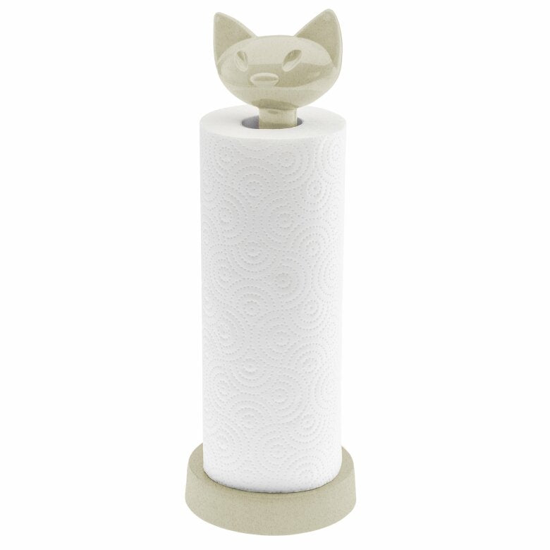 Sandbeige hushållspappershållare med kattformat huvud för lantligt kök