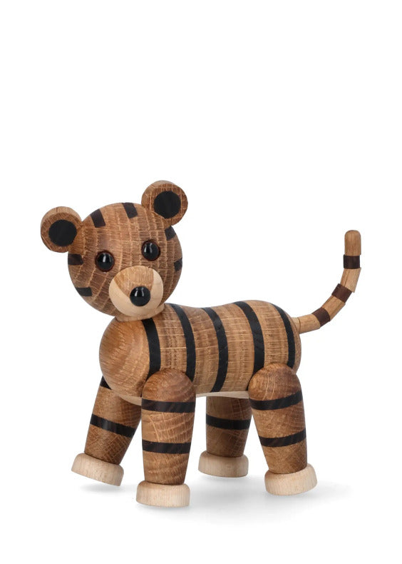 Handgjord trätiger i randig ek och ask med rörliga leder