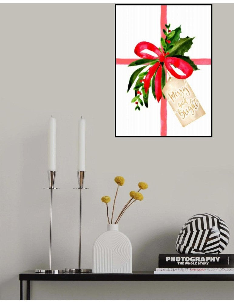 Affisch - Watercolor Gift With Merry And Bright Tag Pelcasa 21x30 cm